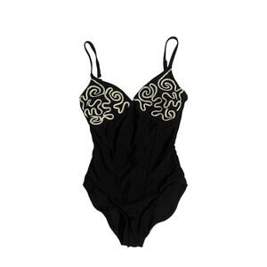 Vintage 6L SlimSuit Swimsuit Bathing Suit Black Embroidered Bust One Piece Retro